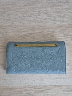 Fossil Light Blue Leather Zip Wallet with Gold Accent